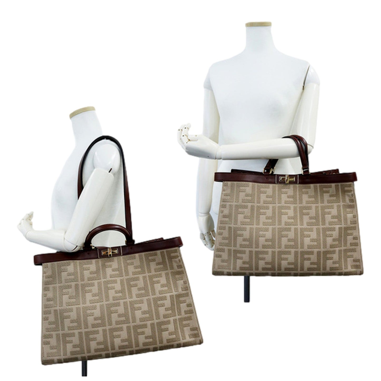 Fendi FF Peekaboo X-Lite Brown Beige Canvas and Leather Tote