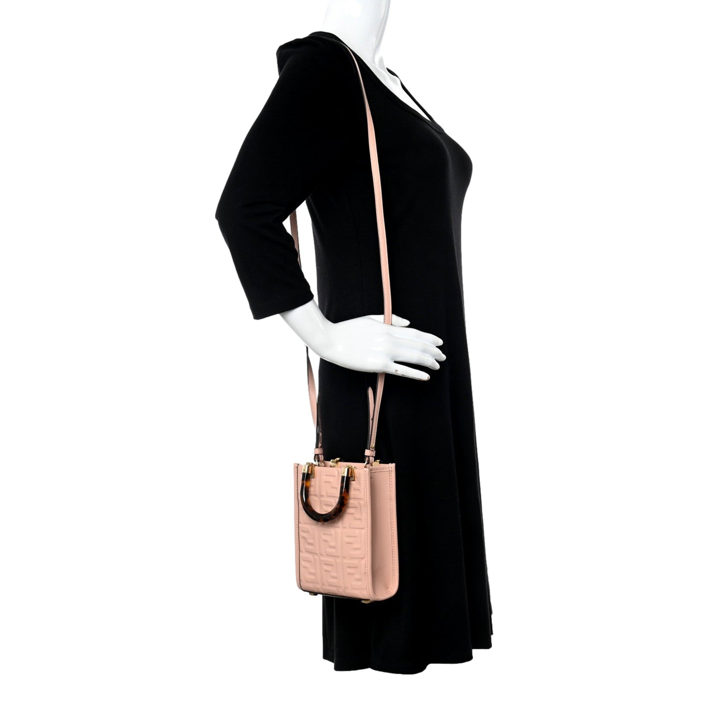 Fendi FF Zucca Leather Mini Sunshine Shopper Tote Crossbody Bag Baby Pink