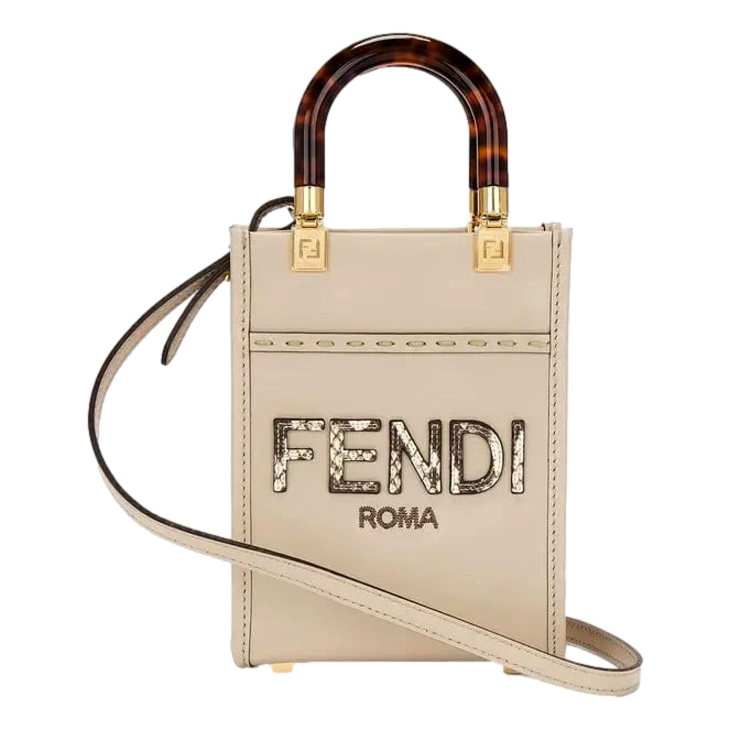 Fendi Nude Calfskin Snake Print Mini Sunshine Shopper Tote Crossbody Bag