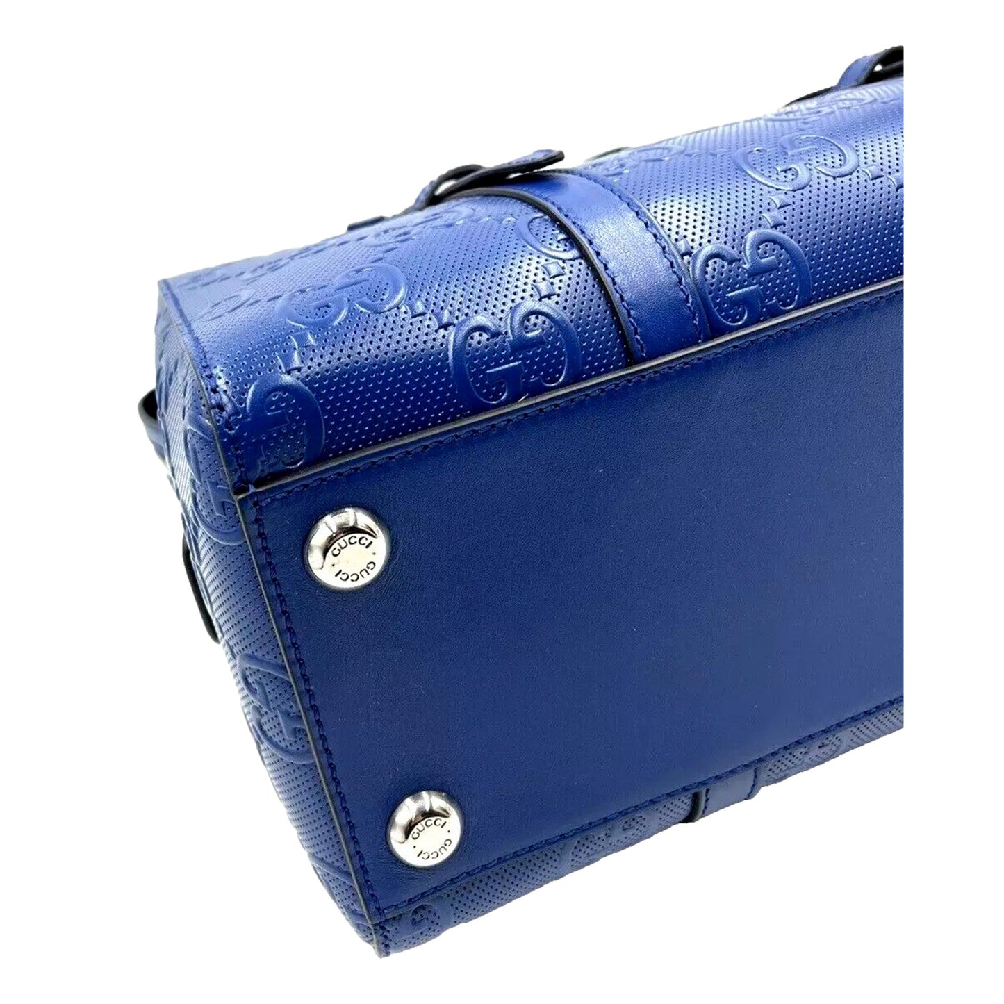 GUCCI GG Motif Tennis Embossed Top Handle Medium Tote Bag Blue