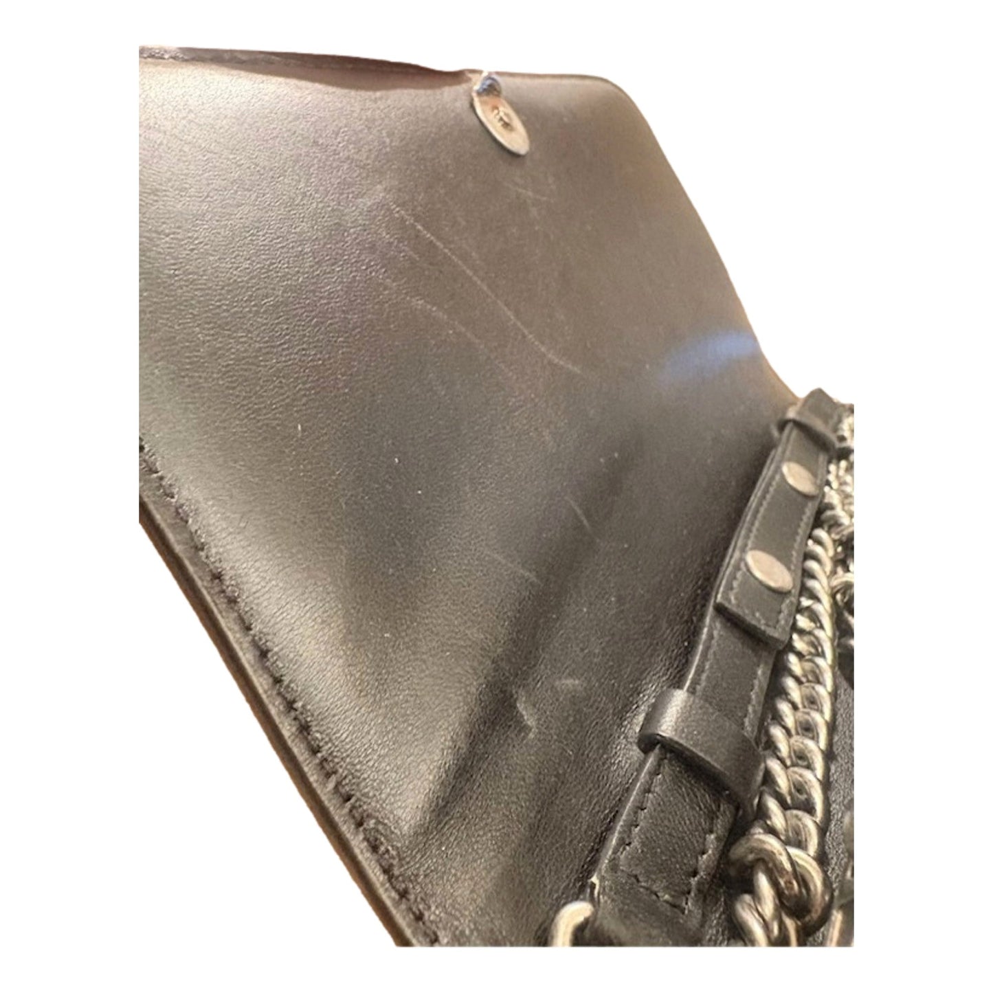 Balenciaga Black Calfskin Leather Silver Logo Chain Wallet Bag