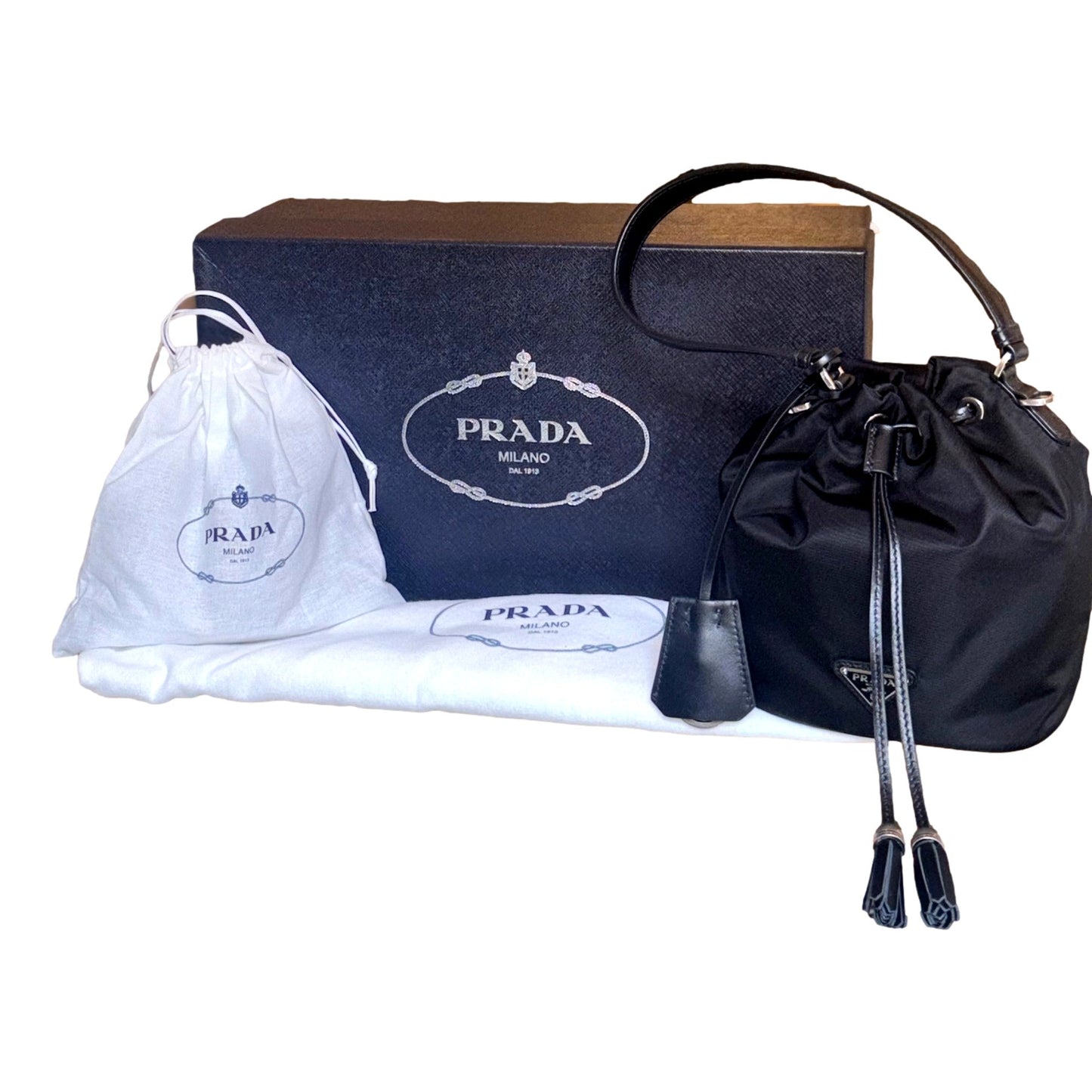 Prada Re-Nylon Black Tassel Drawstring Bucket Bag