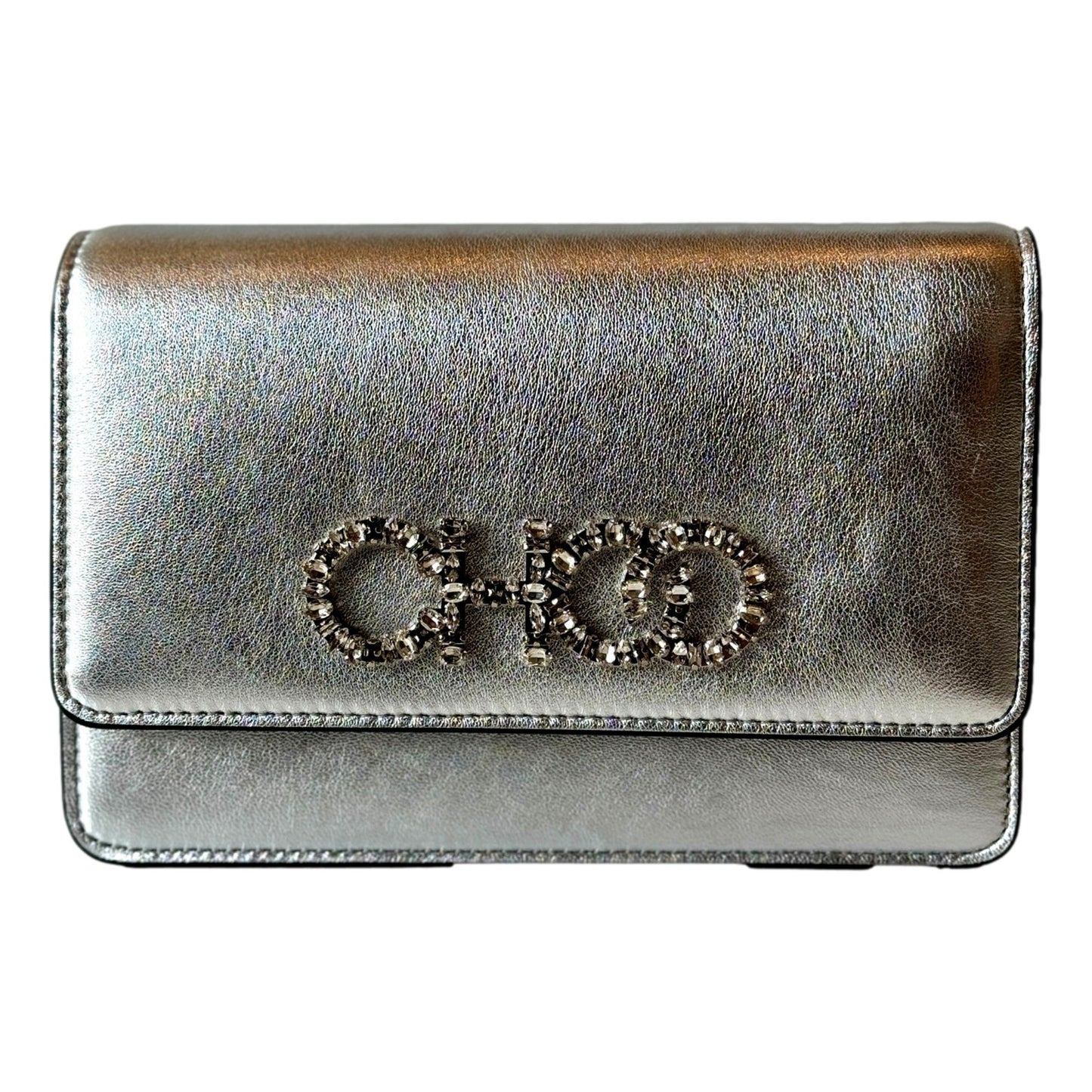 Jimmy Choo Kalina Crossbody Clutch Bag Crystal Logo Metallic Silver