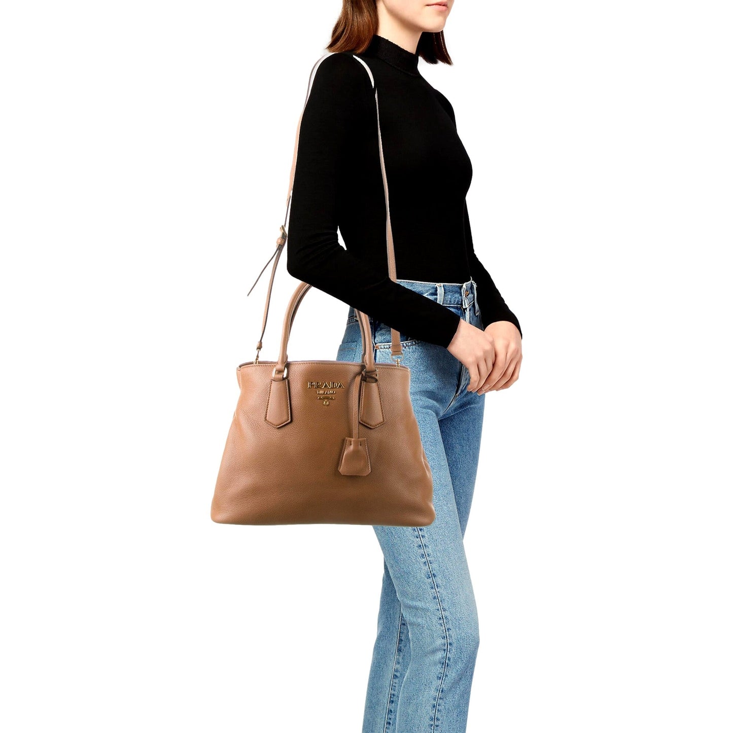 Prada Galleria Vitello Phenix Leather Shopper Tote Handbag Caramel Brown