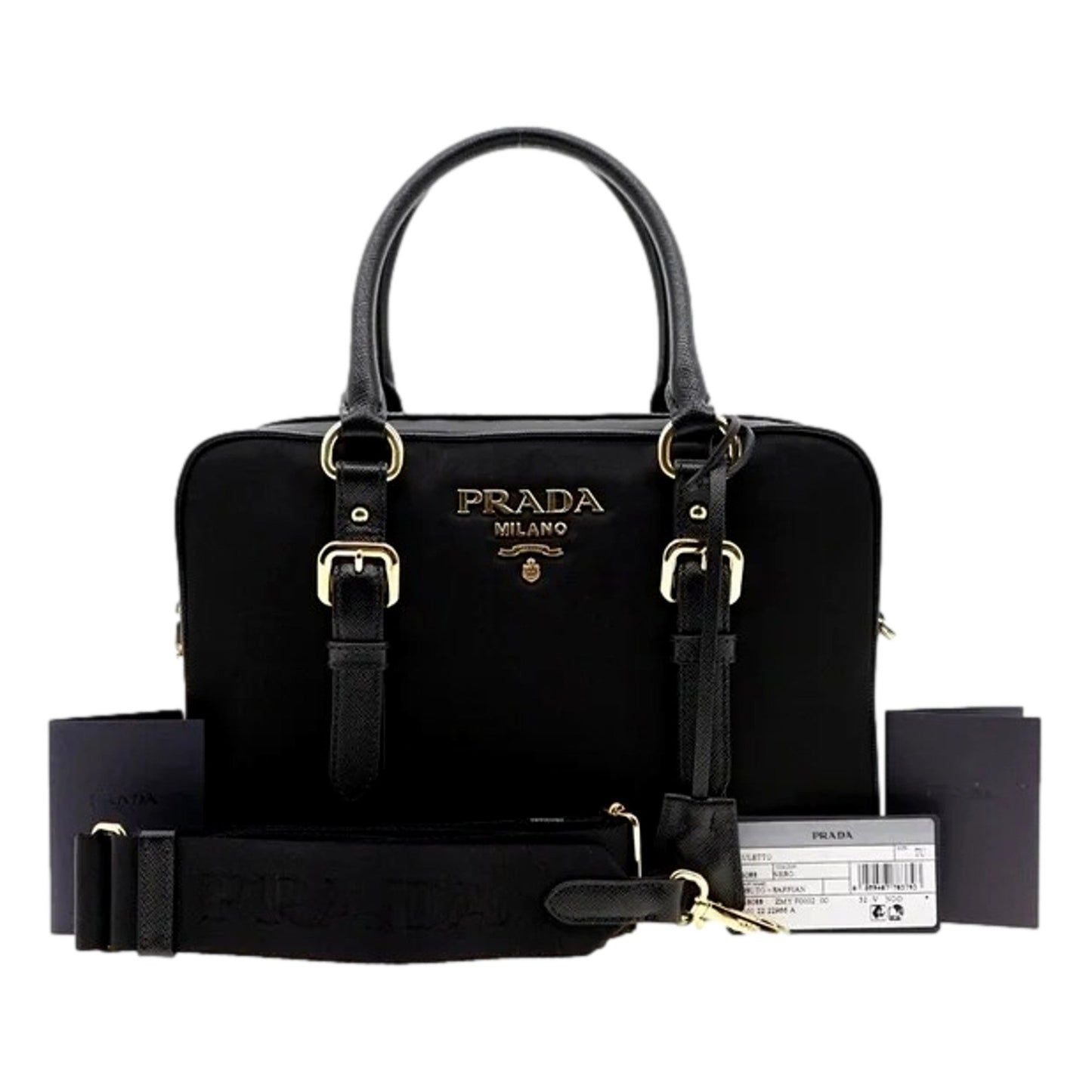 Prada Bauletto Tessuto Nylon Saffiano Black Satchel Handbag