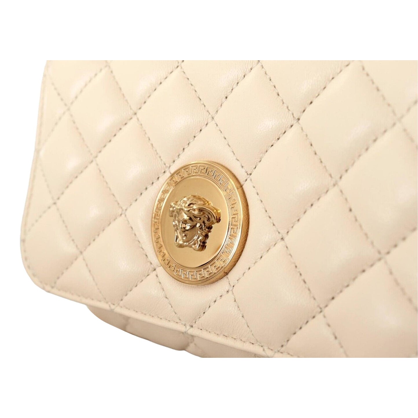 Versace La Medusa Nappa Quilted Beige Leather Chain Small Crossbody Bag