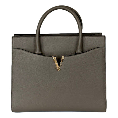 Versace Virtus Calfskin Leather Medium Top Handle Tote Taupe Grey