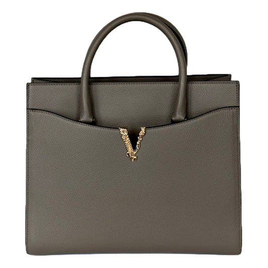 Versace Virtus Calfskin Leather Medium Top Handle Tote Taupe Grey