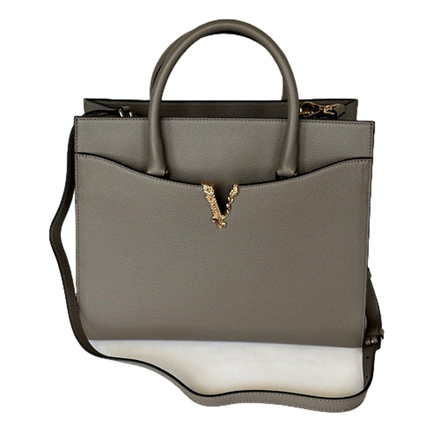 Versace Virtus Calfskin Leather Medium Top Handle Tote Taupe Grey