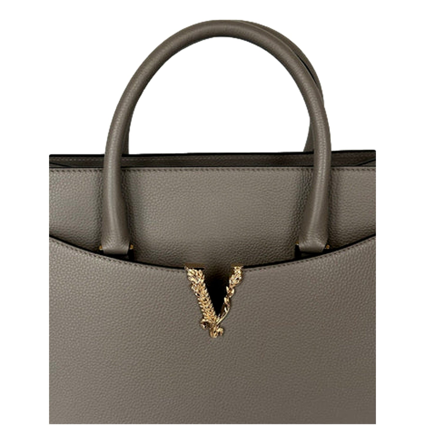 Versace Virtus Calfskin Leather Medium Top Handle Tote Taupe Grey