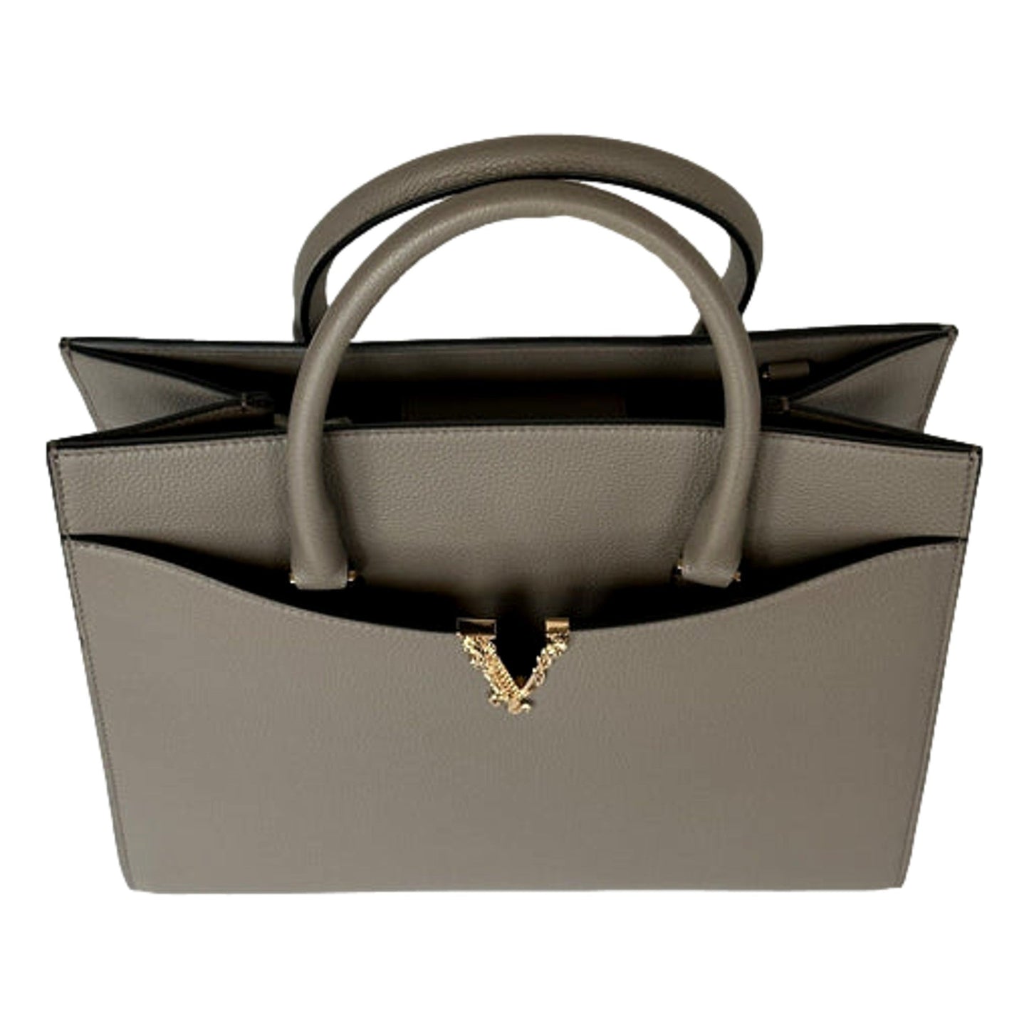 Versace Virtus Calfskin Leather Medium Top Handle Tote Taupe Grey