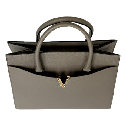 Versace Virtus Calfskin Leather Medium Top Handle Tote Taupe Grey