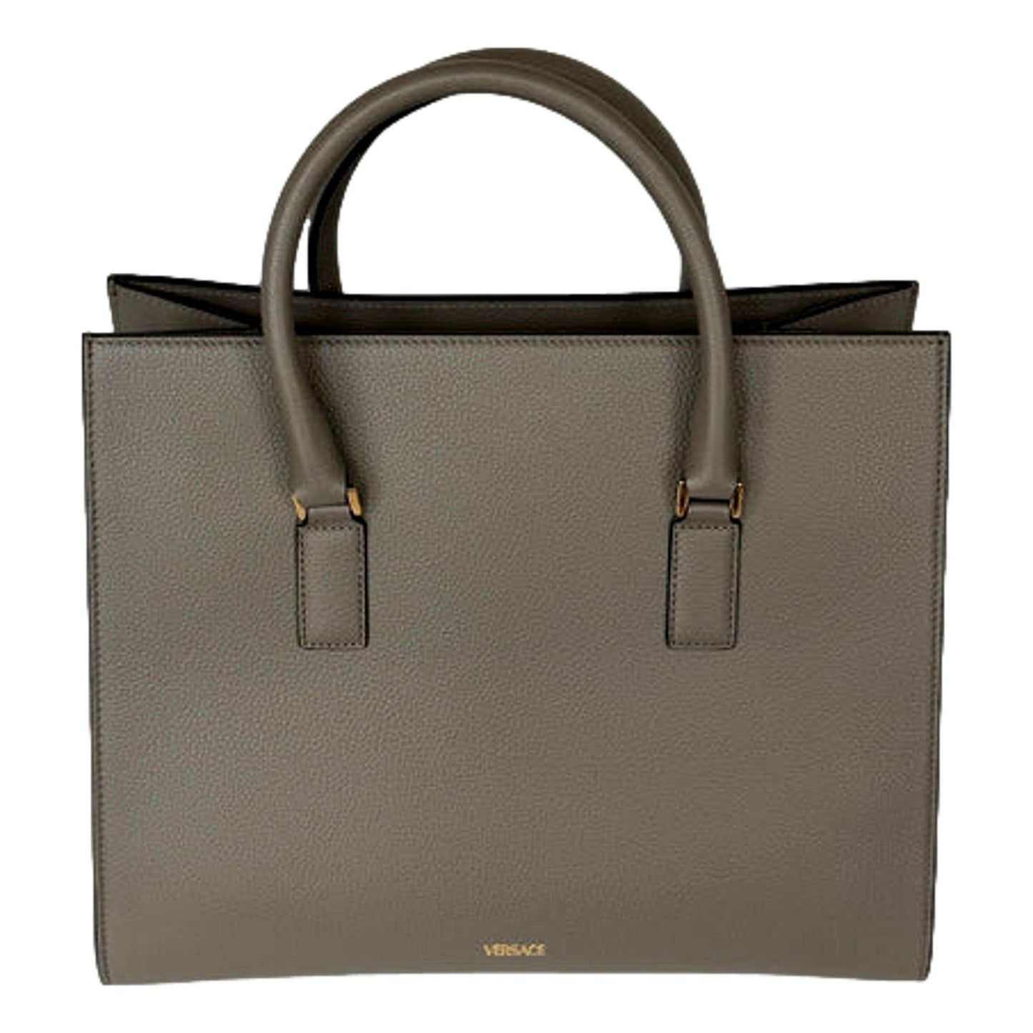 Versace Virtus Calfskin Leather Medium Top Handle Tote Taupe Grey