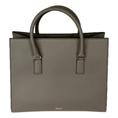 Versace Virtus Calfskin Leather Medium Top Handle Tote Taupe Grey