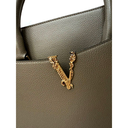 Versace Virtus Calfskin Leather Medium Top Handle Tote Taupe Grey