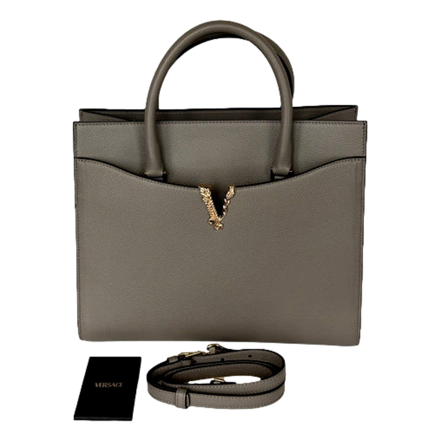 Versace Virtus Calfskin Leather Medium Top Handle Tote Taupe Grey