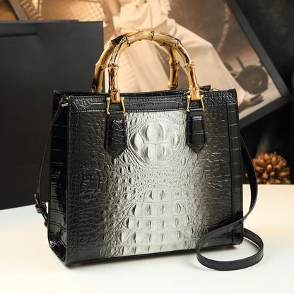 Brand Genuine Leather Bamboo Women's Bag Crocodile Pattern Ladies Handbag Portable Tote Bag Mom Tide Shoulder Messenger Bags