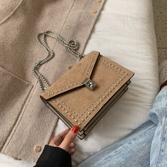 Scrub Leather Brand Designer Shoulder Simple Bags For Women Chain Rivet Luxury Crossbody Bag Female Fashion Small Handbags