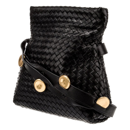 Bottega Veneta Intrecciato Olimpia Black Leather Fold Over Shoulder Bag