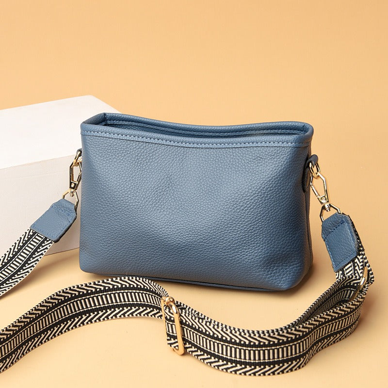 Genuine Leather Women's Bag Wide Shoulder Belt Cross Body Small Square Bag Head Layer Cowhide Shoulder Bag Soft Leather Versatile Women's Bag Trend Bag