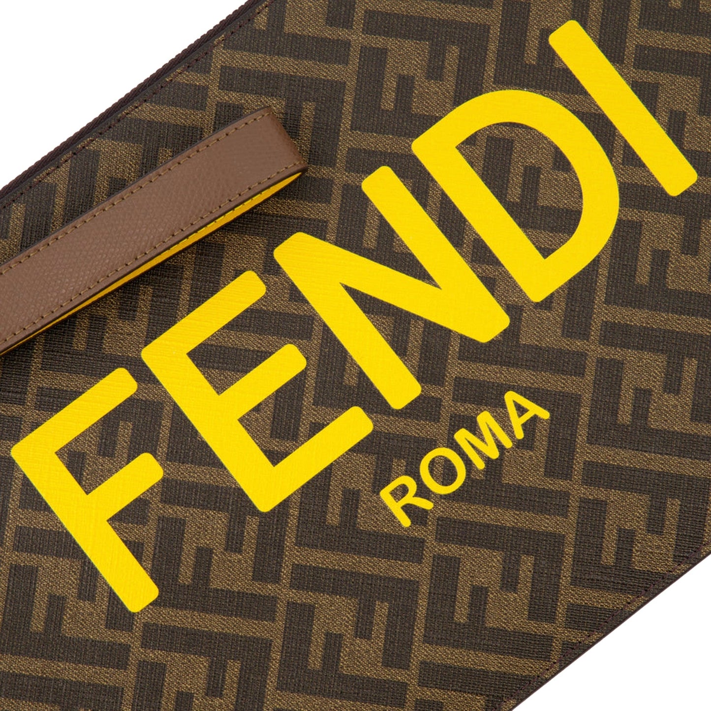 Fendi Coated Canvas Brown and Yellow Zucca Print Large Pouch Wristlet