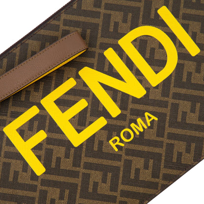 Fendi Coated Canvas Brown and Yellow Zucca Print Large Pouch Wristlet