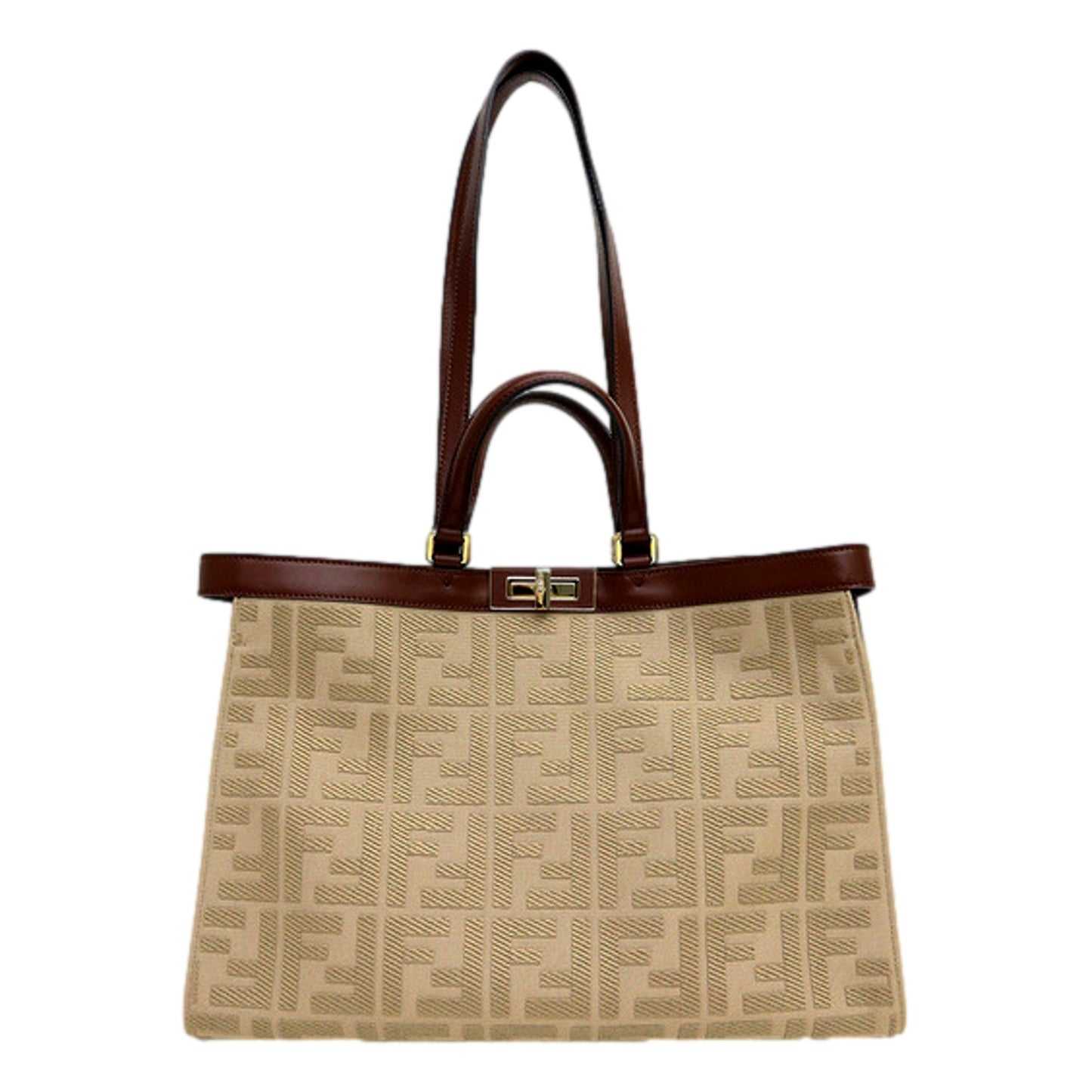 Fendi FF Peekaboo X-Lite Brown Beige Canvas and Leather Tote