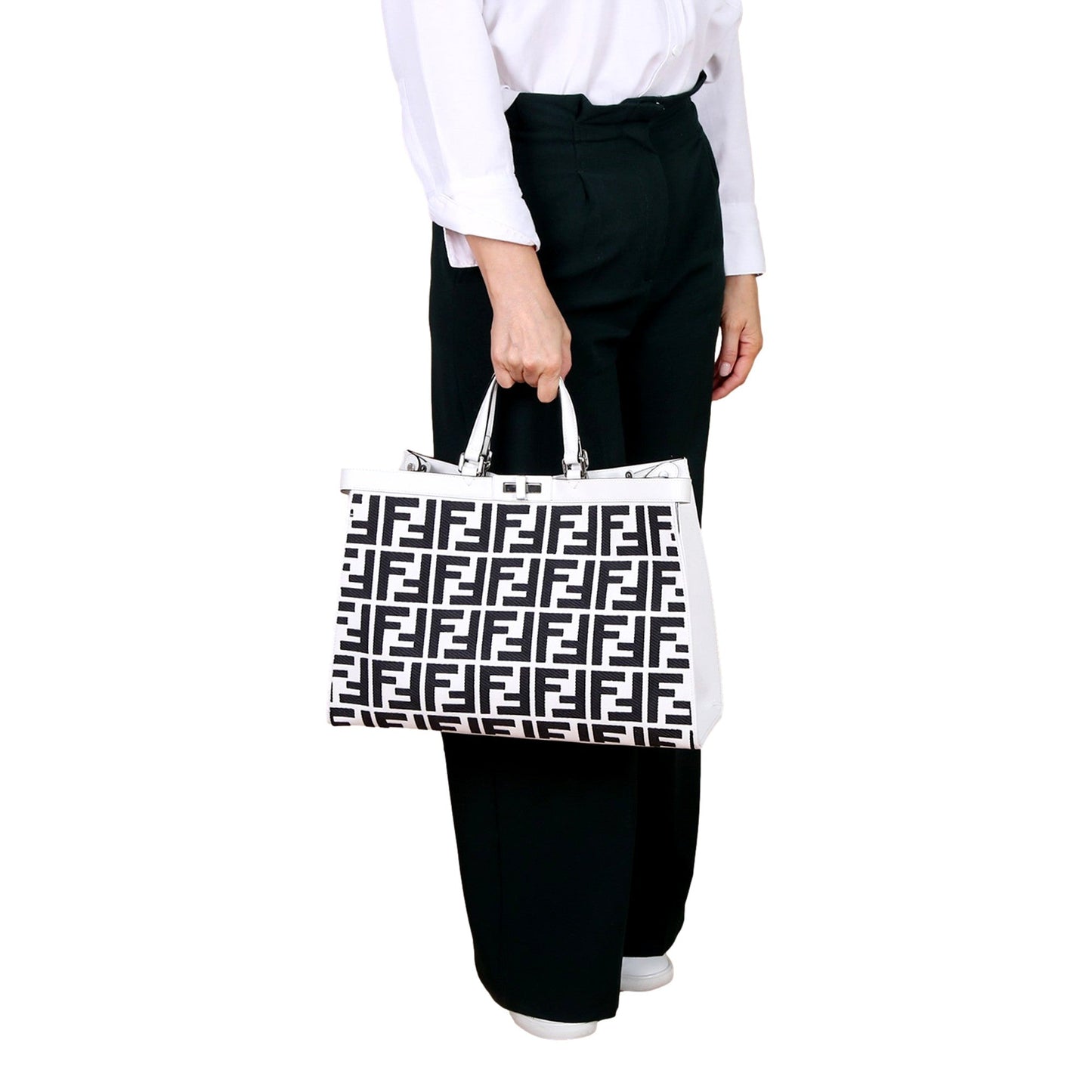 Fendi FF Canvas Leather Black and White Turn Lock X-Tote