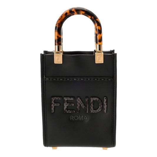 Fendi Black Calfskin Snake Print Mini Sunshine Shopper Tote Crossbody Bag