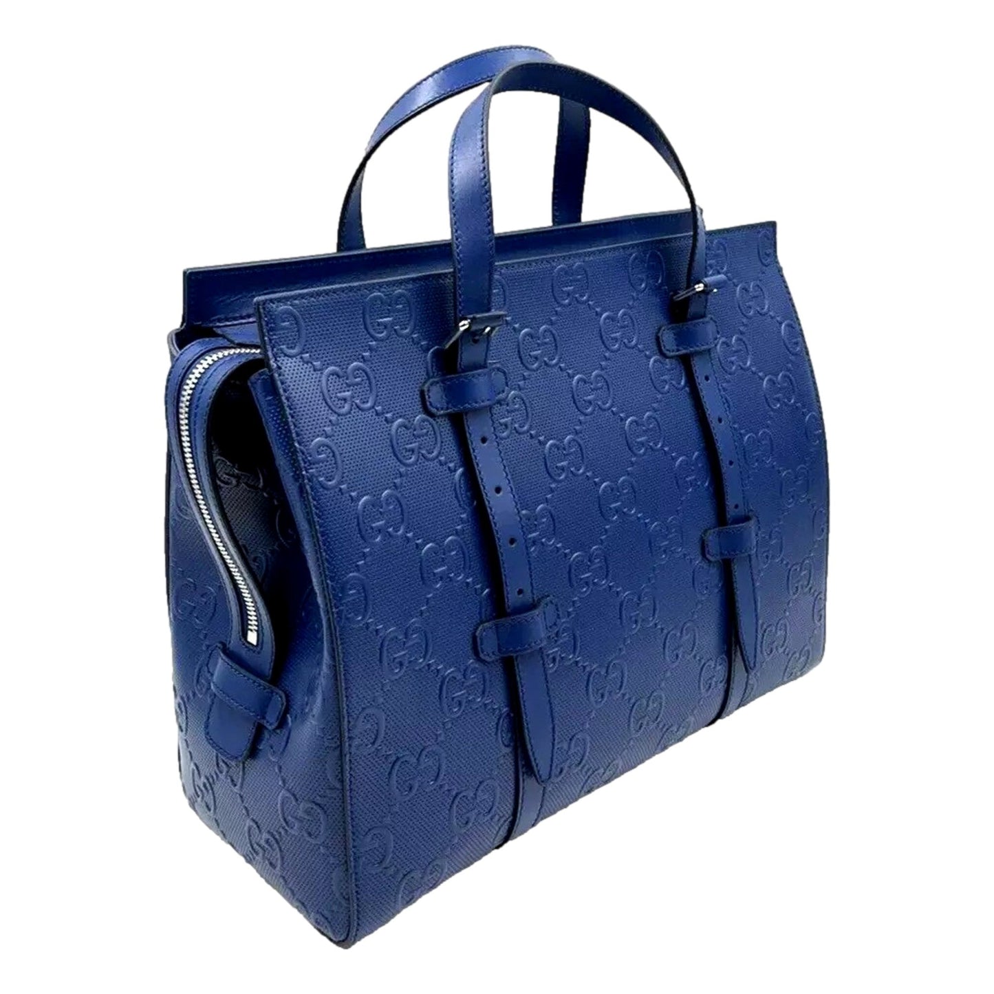 GUCCI GG Motif Tennis Embossed Top Handle Medium Tote Bag Blue