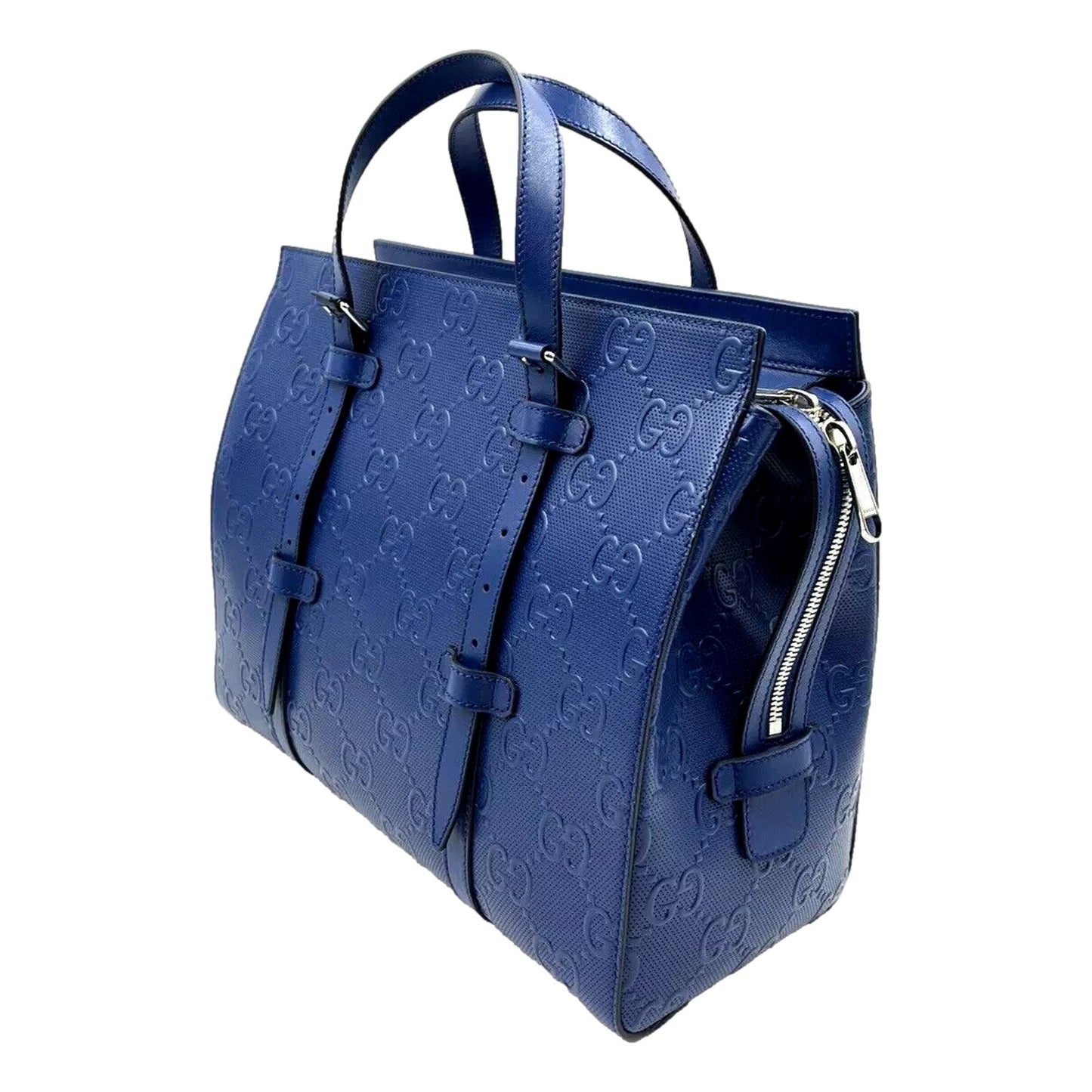 GUCCI GG Motif Tennis Embossed Top Handle Medium Tote Bag Blue