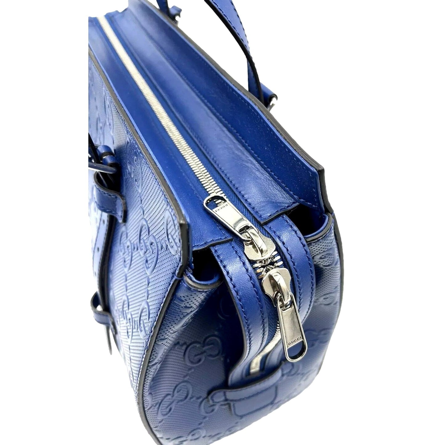 GUCCI GG Motif Tennis Embossed Top Handle Medium Tote Bag Blue