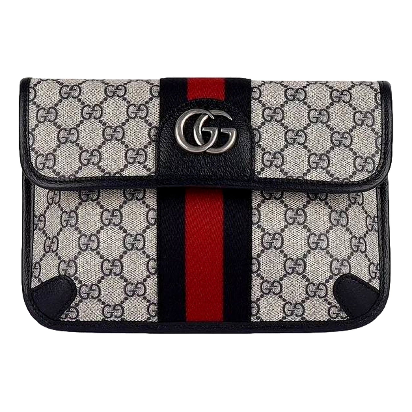 Gucci Ophidia Flap Belt Bag GG Beige Coated Canvas Navy and Red