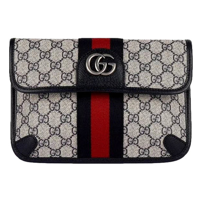 Gucci Ophidia Flap Belt Bag GG Beige Coated Canvas Navy and Red