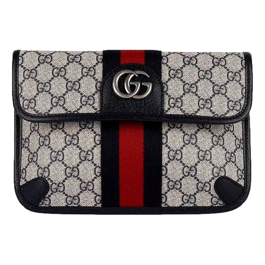 Gucci Ophidia Flap Belt Bag GG Beige Coated Canvas Navy and Red