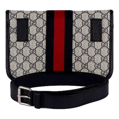 Gucci Ophidia Flap Belt Bag GG Beige Coated Canvas Navy and Red