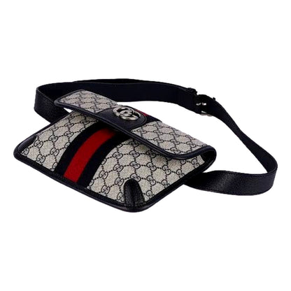 Gucci Ophidia Flap Belt Bag GG Beige Coated Canvas Navy and Red