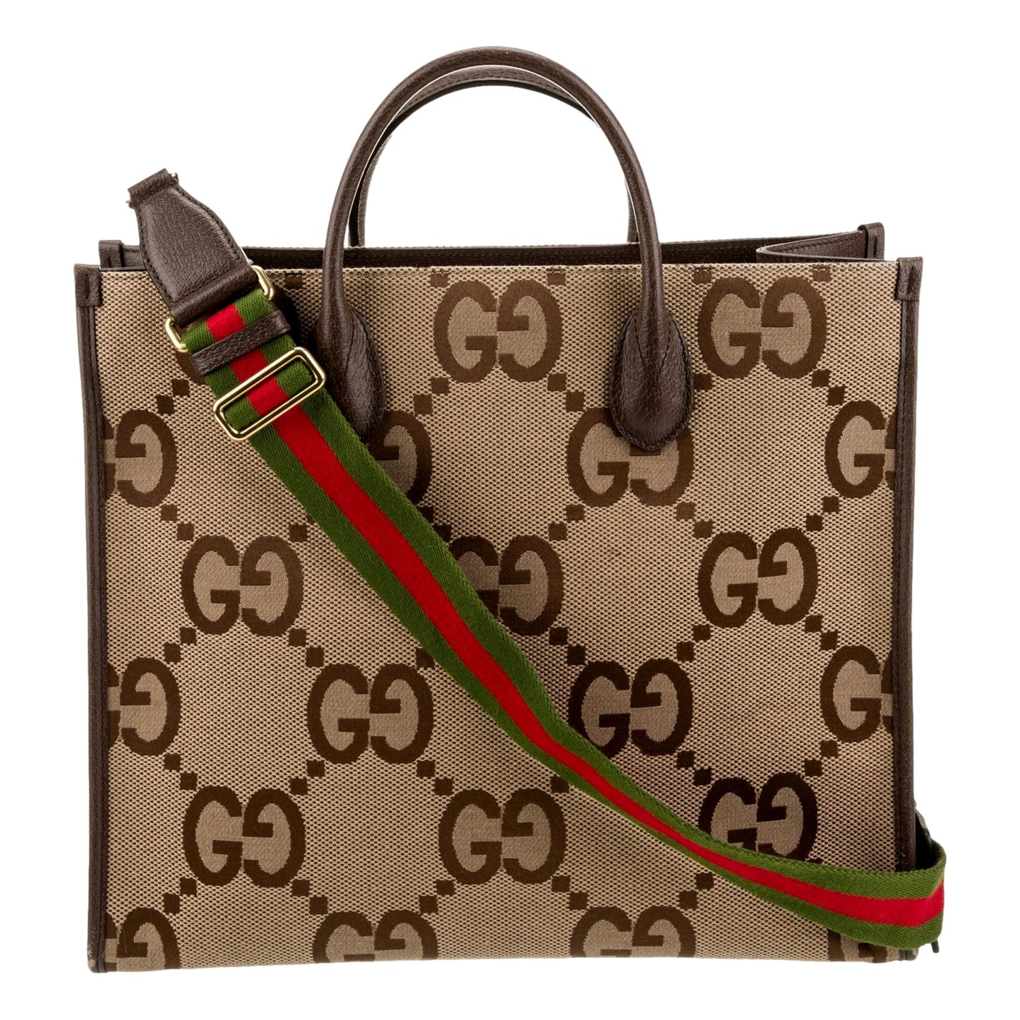 Gucci Beige Brown Canvas Jumbo GG Tote Bag Web Stripe Shoulder Strap