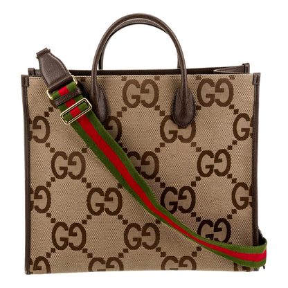 Gucci Beige Brown Canvas Jumbo GG Tote Bag Web Stripe Shoulder Strap