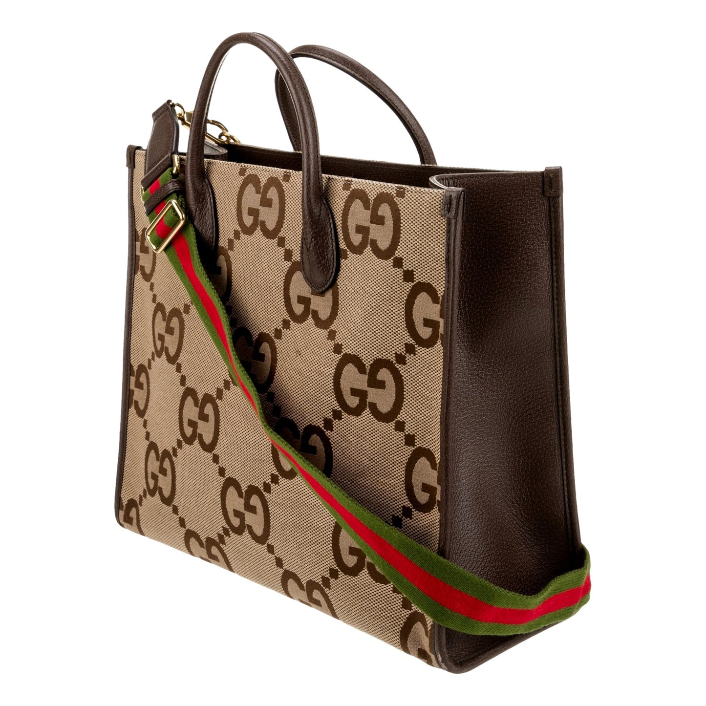 Gucci Beige Brown Canvas Jumbo GG Tote Bag Web Stripe Shoulder Strap