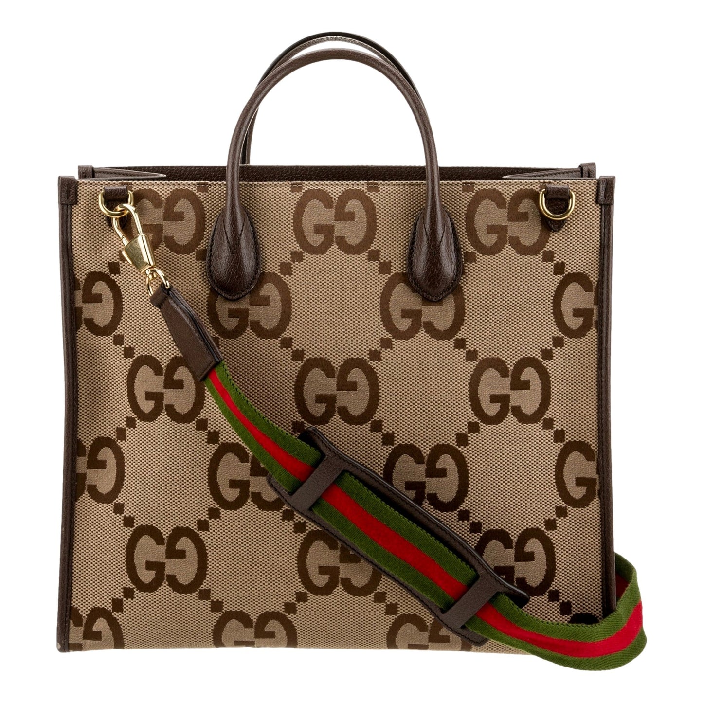 Gucci Beige Brown Canvas Jumbo GG Tote Bag Web Stripe Shoulder Strap