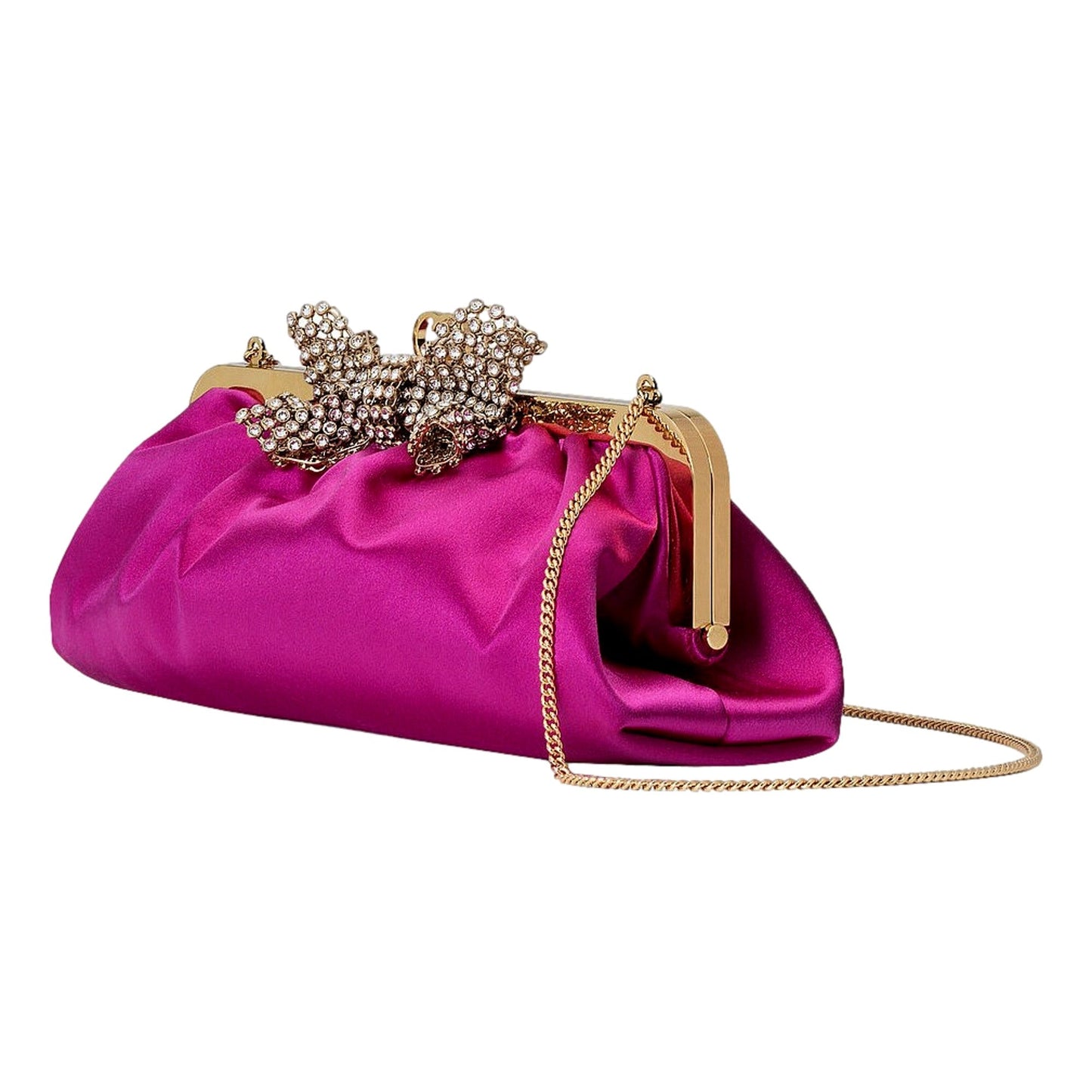Gucci Broadway Fuchsia Satin Crystal Bow Clutch Chain Shoulder Bag
