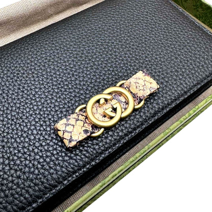 Gucci Interlocking Double G Python Leather Bow Chain Wallet Black