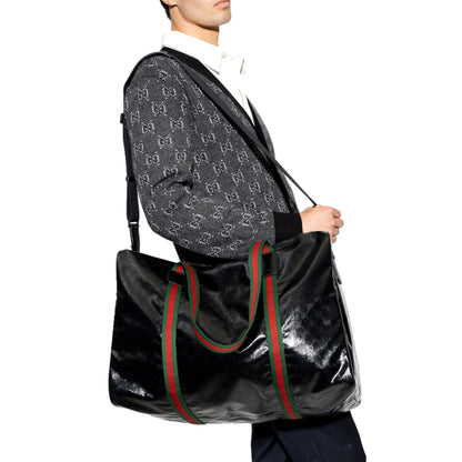 Gucci GG Black Glossy ‘Duffle Maxi’ Calfskin Leather Trim Duffel Bag