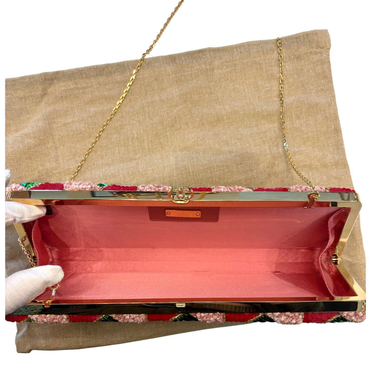 Gucci Broadway Embellished Sequins and Crystals Red Green Pink Chain Shoulder Bag Clutch