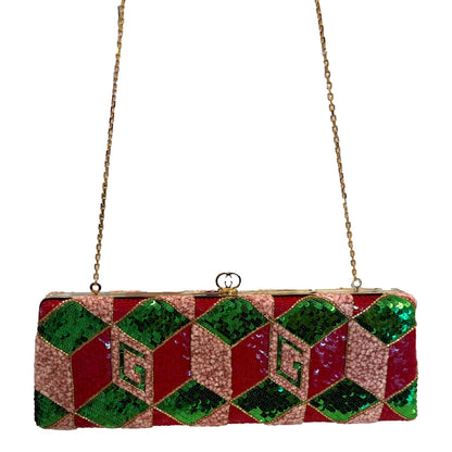 Gucci Broadway Embellished Sequins and Crystals Red Green Pink Chain Shoulder Bag Clutch