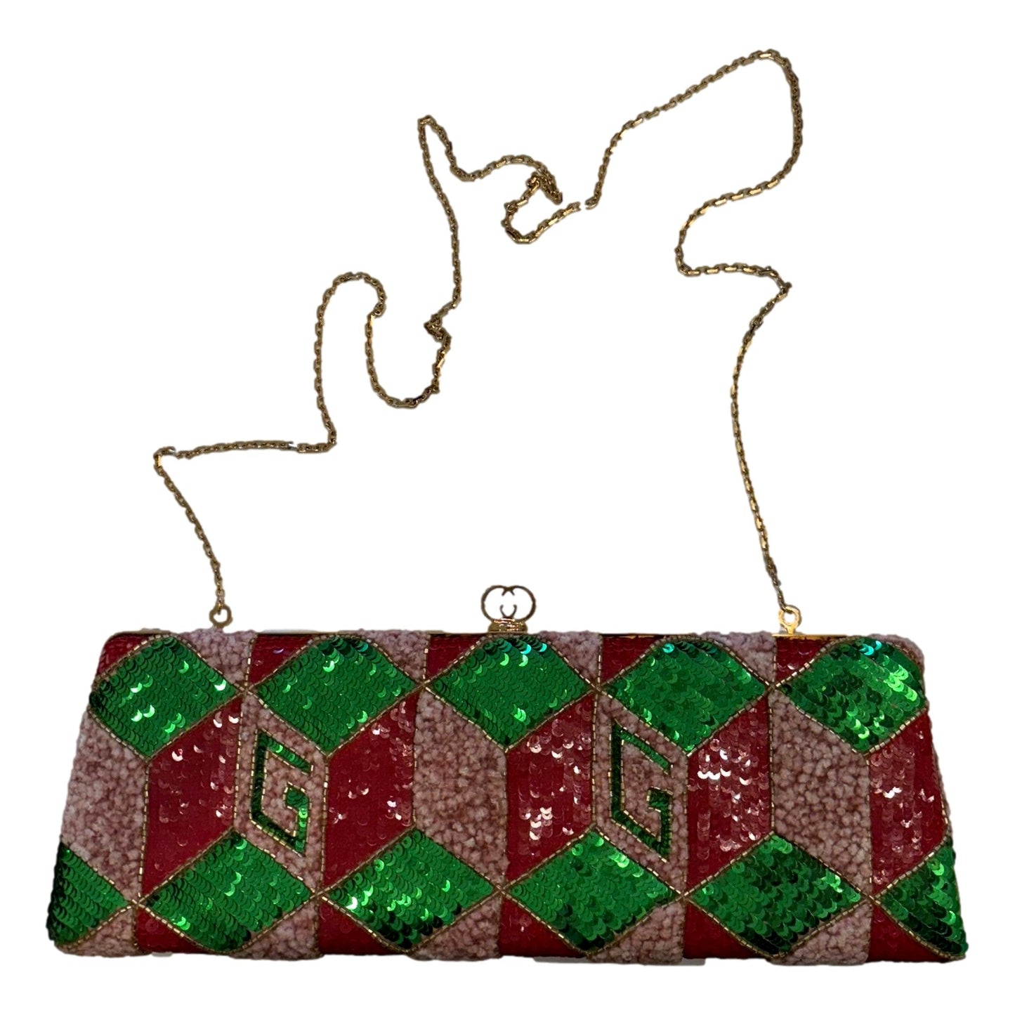 Gucci Broadway Embellished Sequins and Crystals Red Green Pink Chain Shoulder Bag Clutch