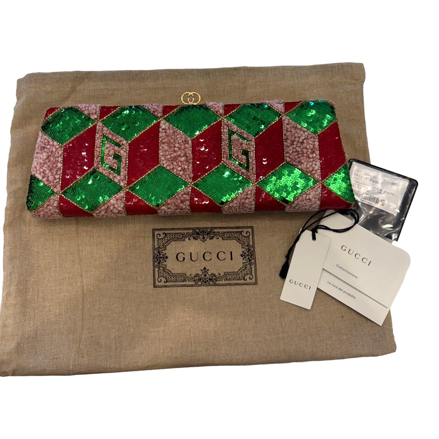 Gucci Broadway Embellished Sequins and Crystals Red Green Pink Chain Shoulder Bag Clutch