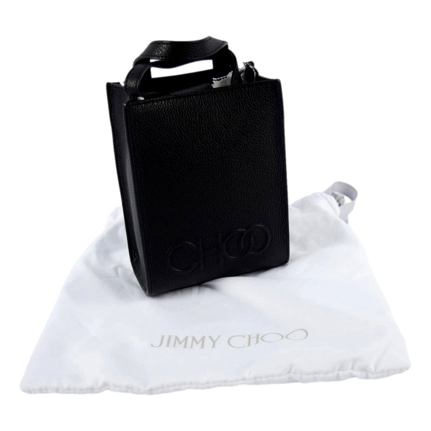 Jimmy Choo Black Leather Mini Shopper Handbag Crossbody Embossed Logo