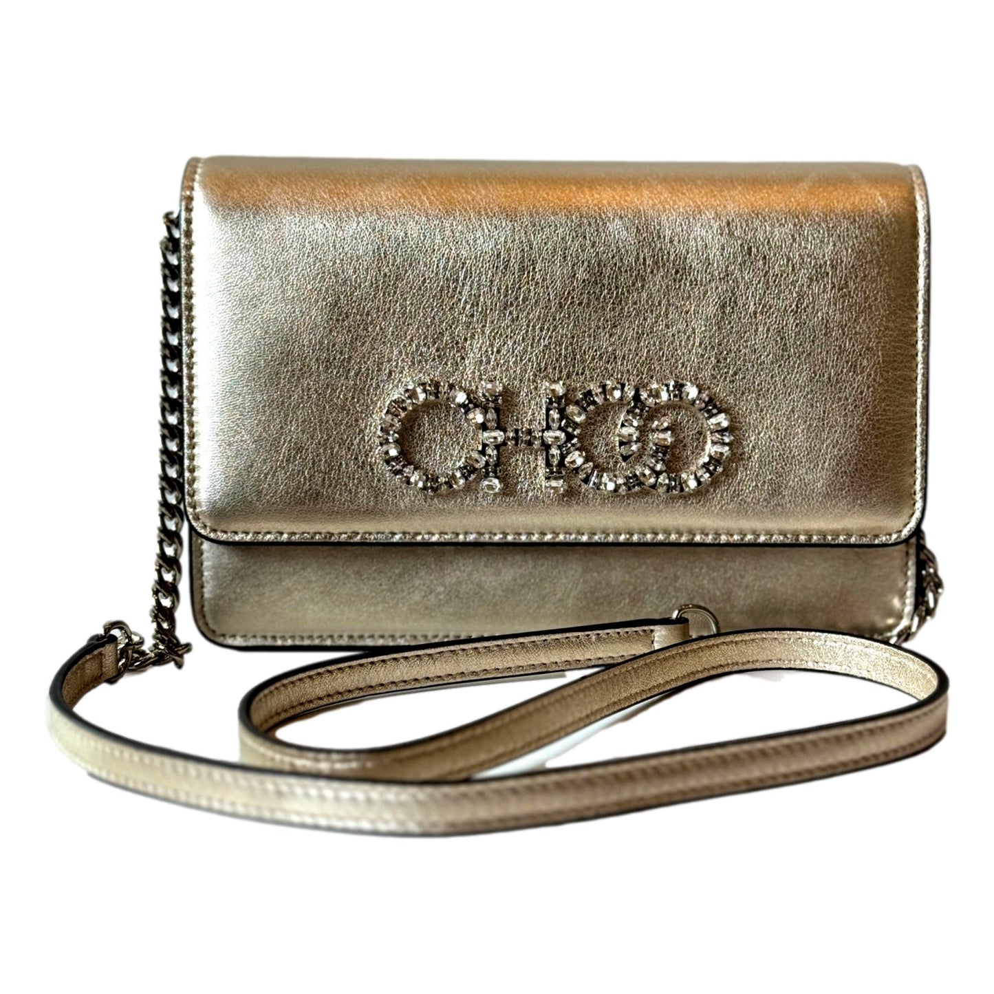 Jimmy Choo Kalina  Crossbody Clutch Bag Crystal Logo Metallic Gold